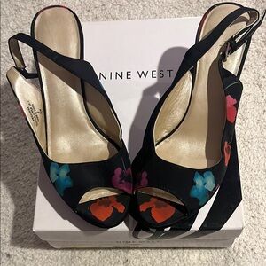 Nine West Black Heels with Colorful Floral Accents